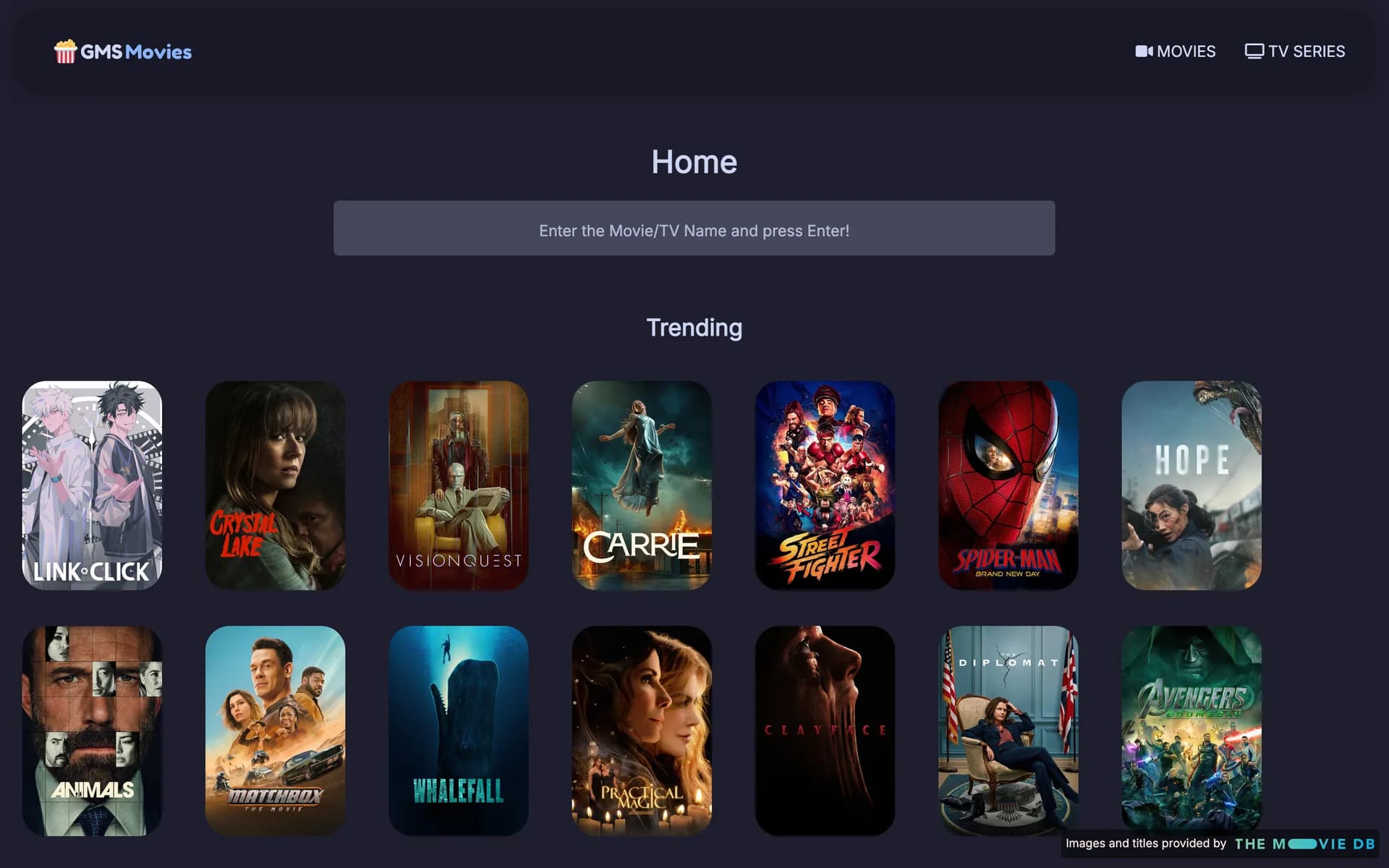 GMS Movies home page with search and trending titles