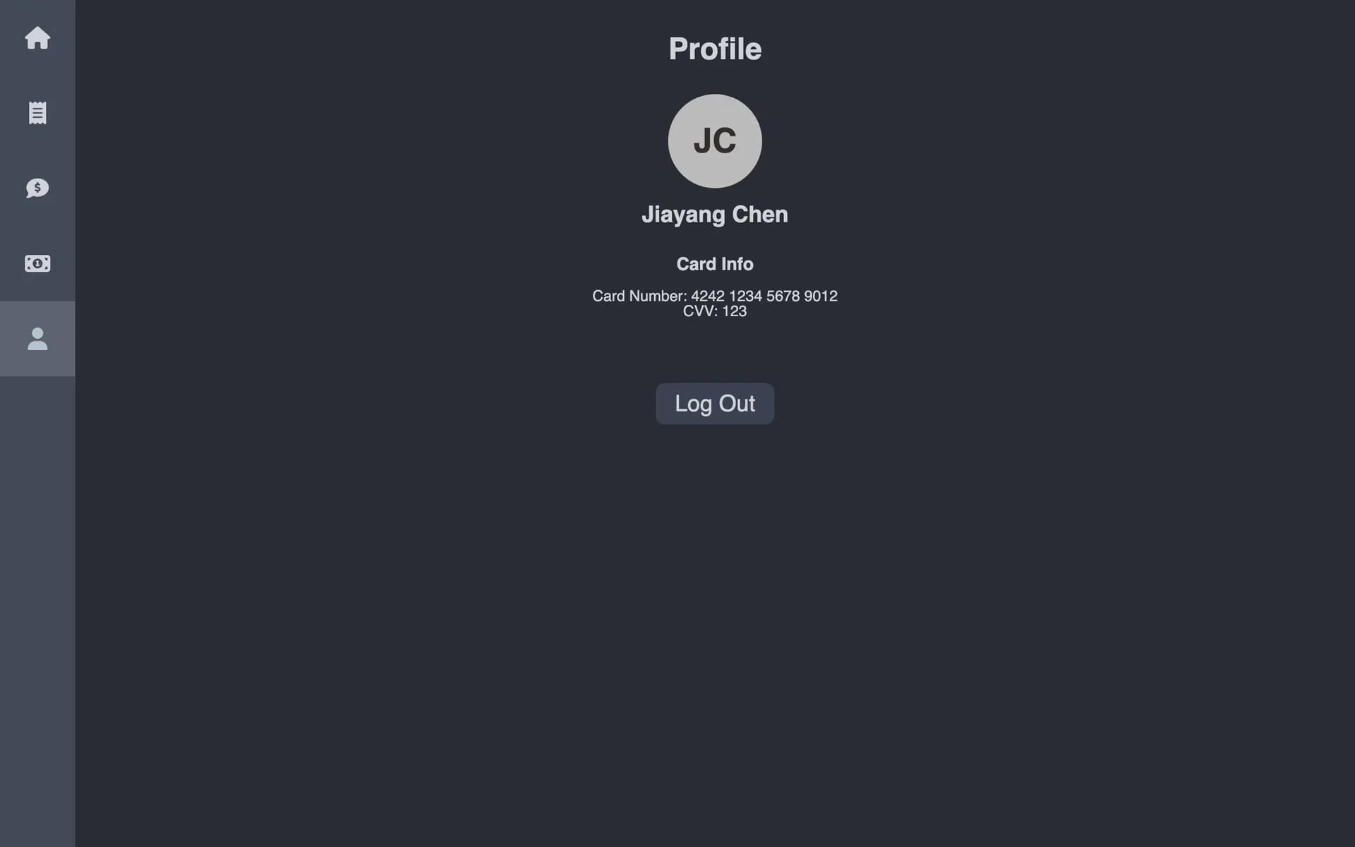 Home Economy profile with card details